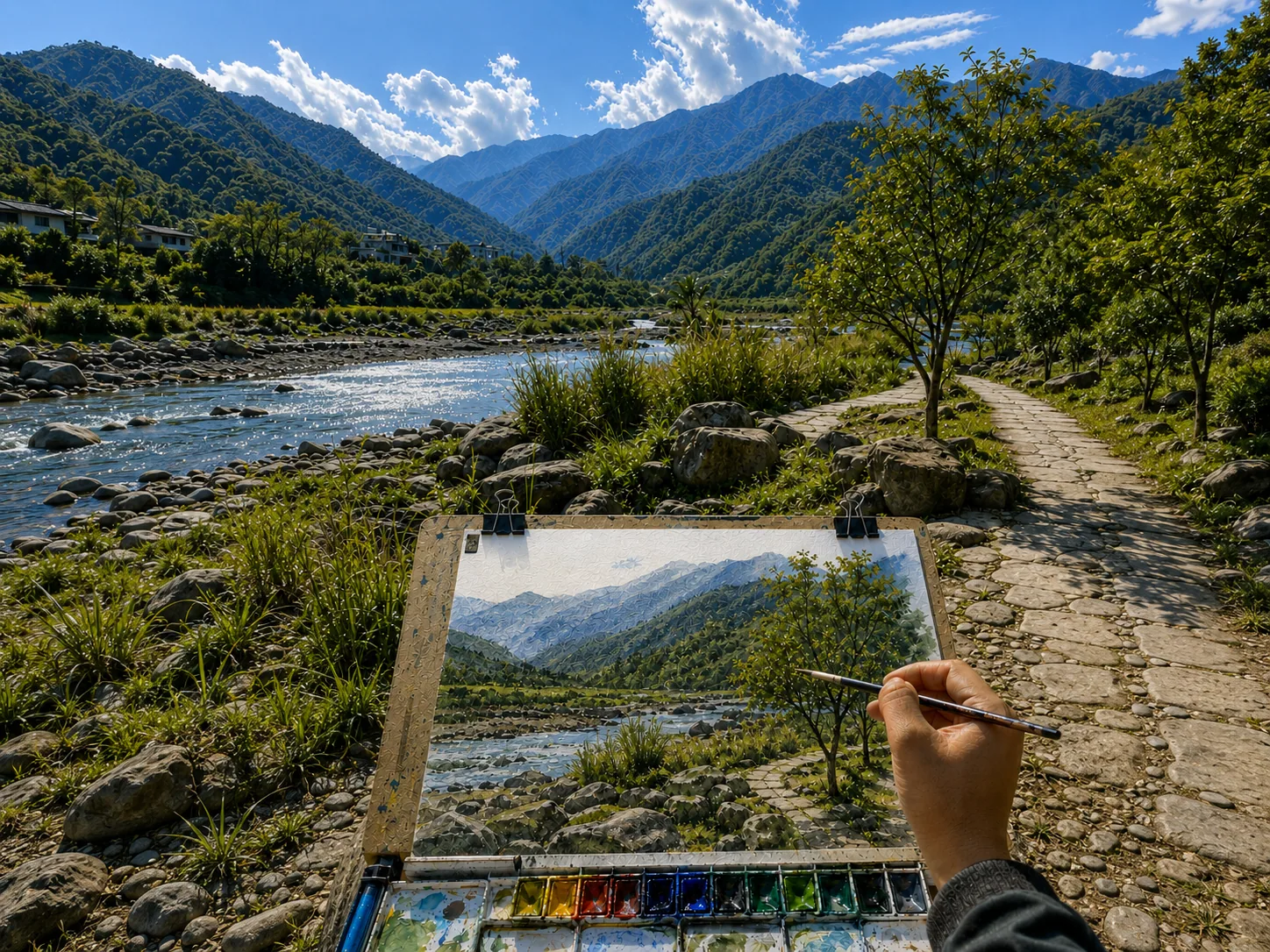 Riverside painting scene image